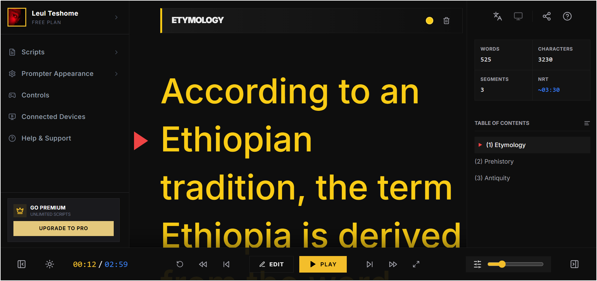 Online Teleprompter Script Controller Interface
